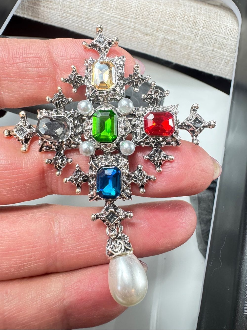 Multicolor Gem Cross Pendant Brooch with Pearl Drop - Picture 7 of 8